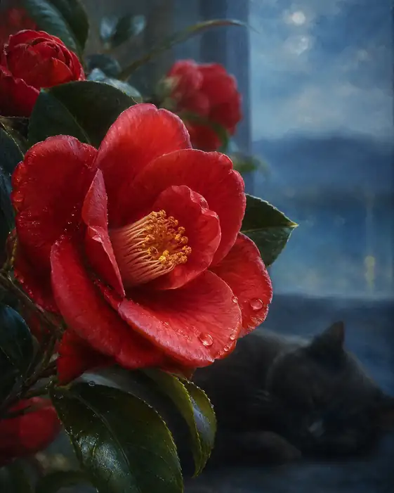 Sleeping Cat Beside Window Camellia