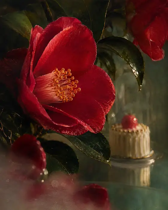 Crimson Camellia and Strawberry Cake