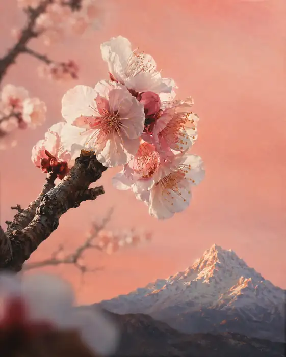 A Bough of Spring Aglow on the Snowy Peaks