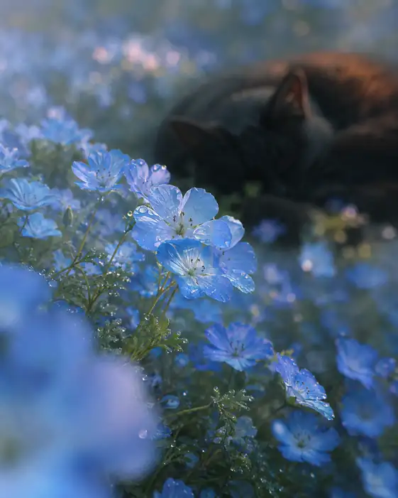 Black Cat Asleep in Nemophila Field