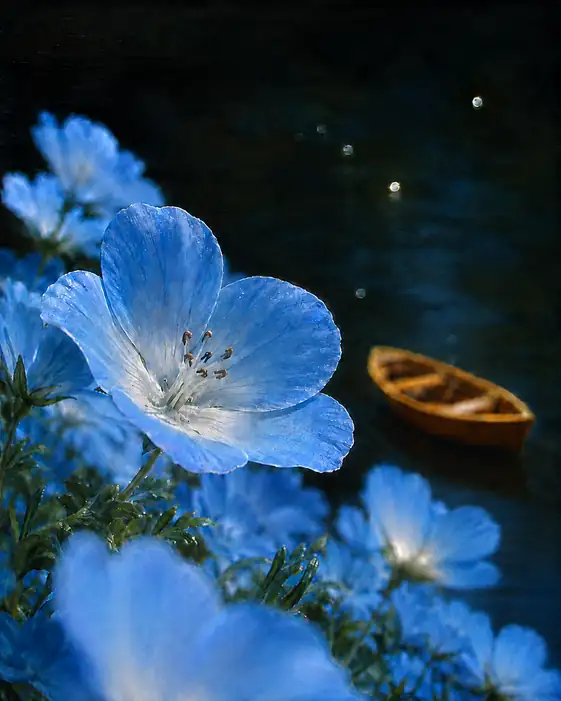 Blue Nemophila and the Lonely Boat