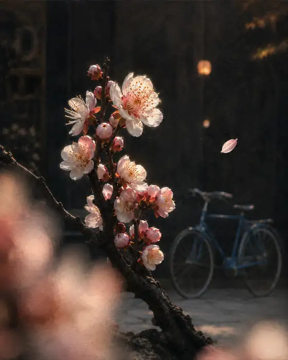 Drifting Petals and Blue Bicycle