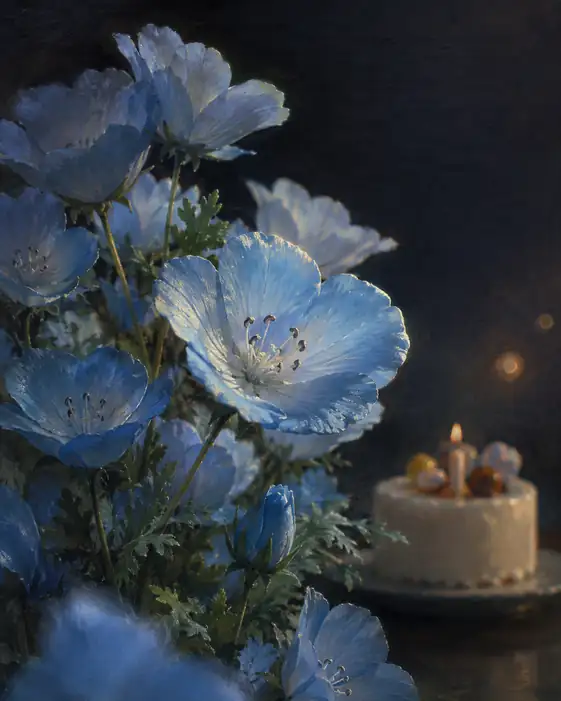 Candlelight Cake and Blue Nemophila