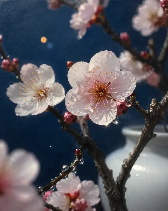 Dew-Kissed Plum Blossoms by White Porcelain