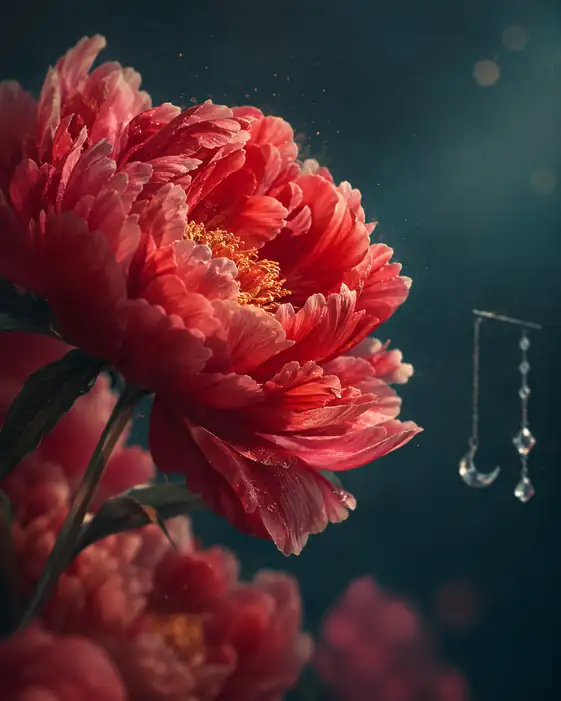 Peony and Crescent Moon Pendant