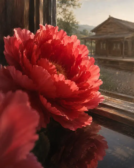 Peony Reflected at Mountain Station Window