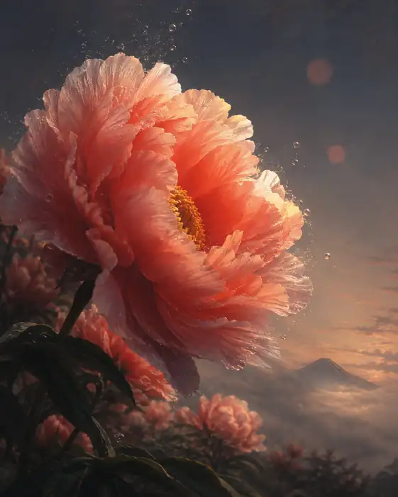 Crimson Peony and Dawn Over Mount Fuji