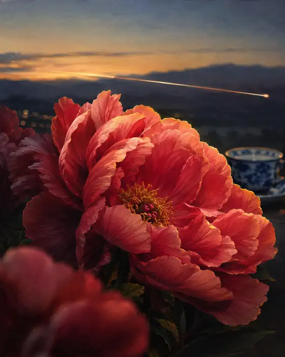 Crimson Peony and the Evening Meteor