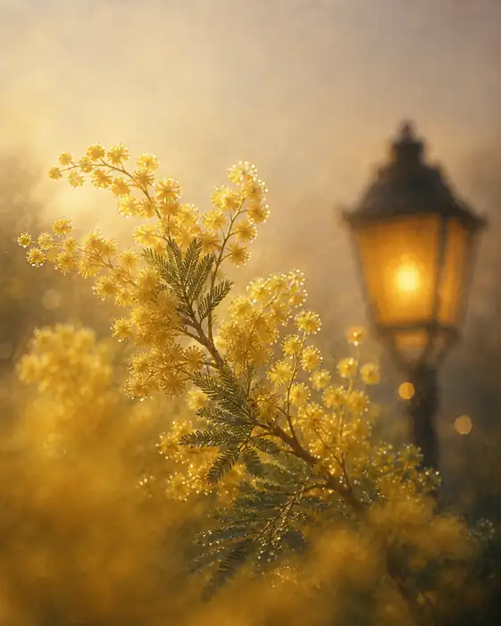 Golden Mimosa by the Morning Streetlamp