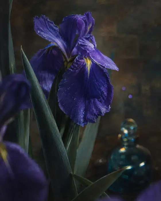 Purple Iris and Vintage Glass Bottle