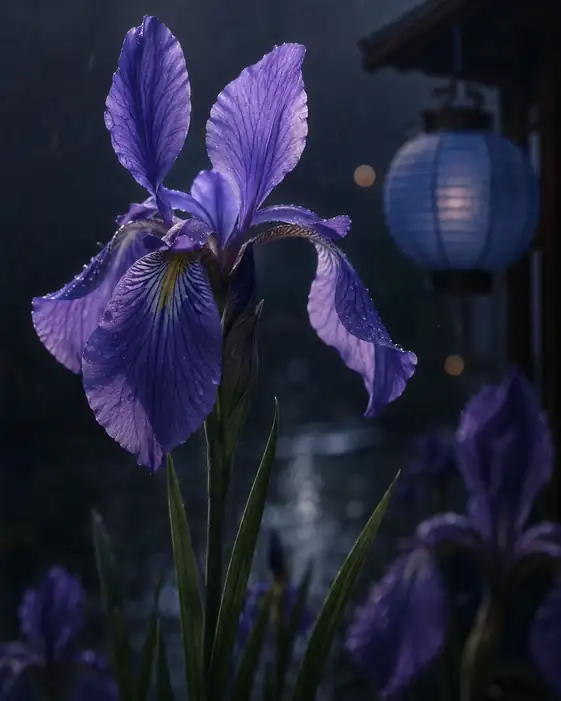 Midnight Iris Beside the Blue Lantern