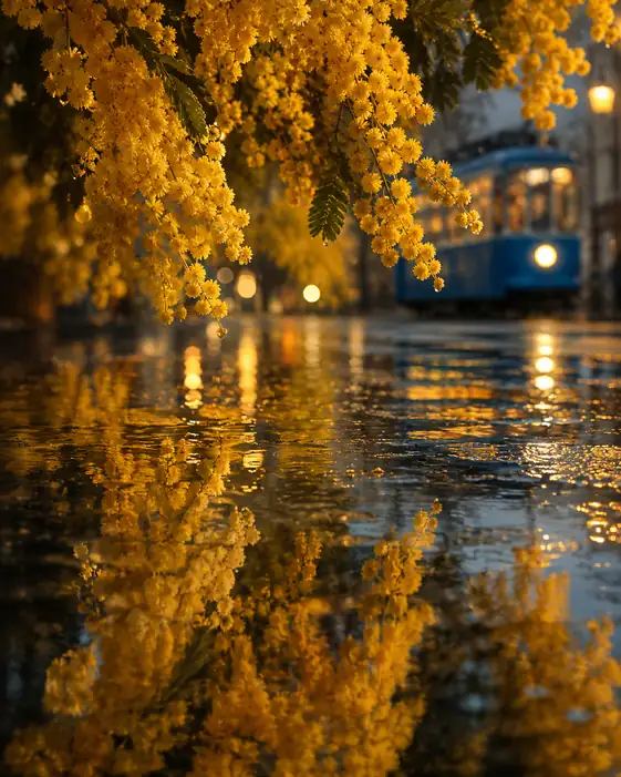 Rain-Reflected Mimosa and Evening Tram