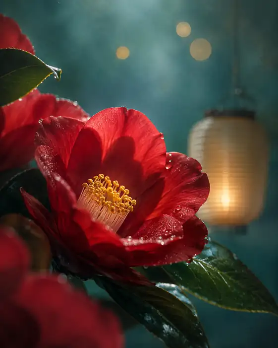 Crimson Camellia Beside Lantern Light