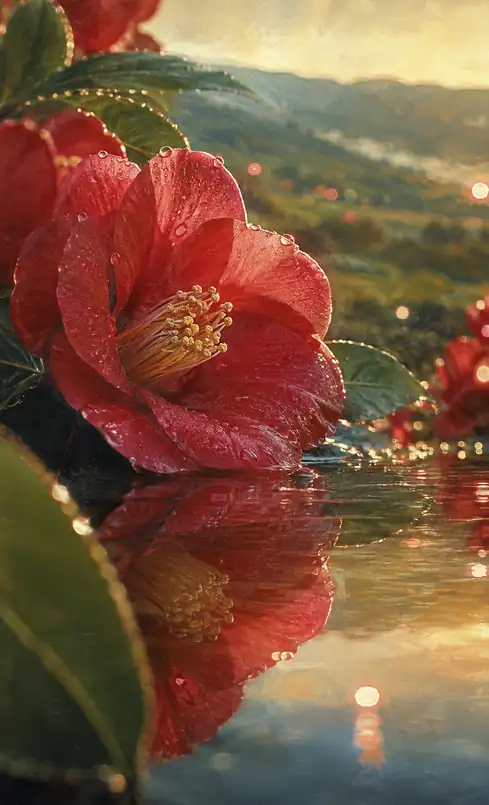 夕映えの水辺に映る紅椿