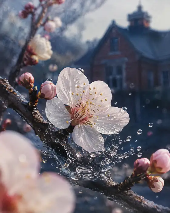Plum Blossom in Raindrops Before Manor