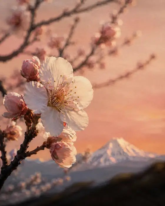 Plum Blossoms and Sunset Over Mount Fuji