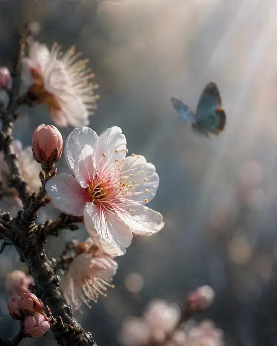 Blue Butterfly Visiting Sunlit Plum Blossom