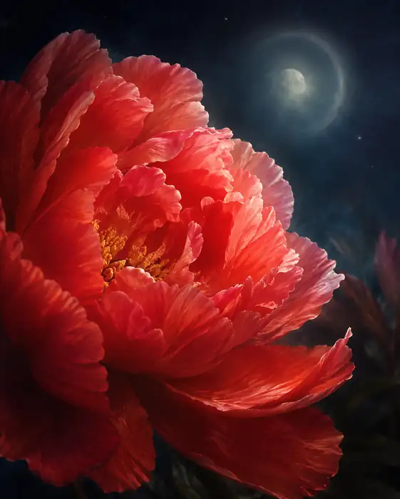 Crimson Bloom Beneath the Haloed Moon
