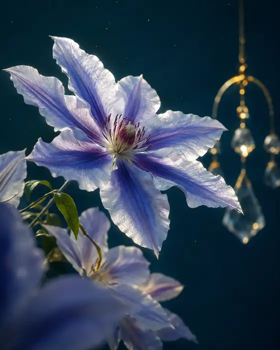 陽光を織る紫稜の花と水晶