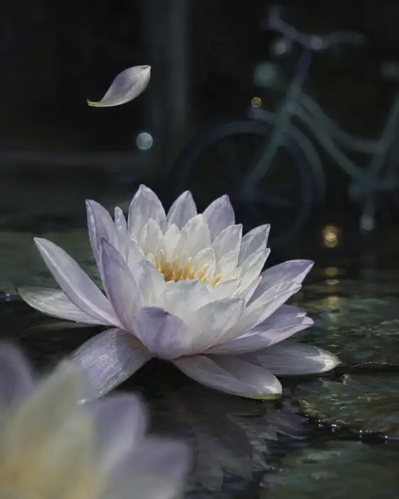 水面に舞う花片と夜の気配
