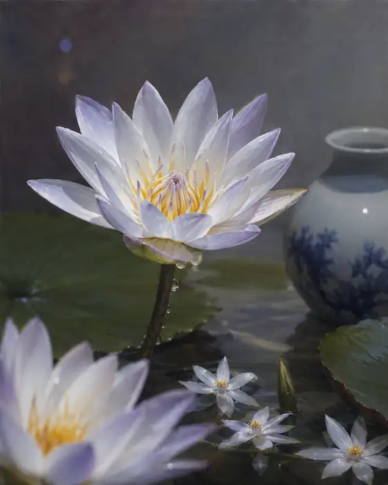 水上の白蓮と染付の瓶