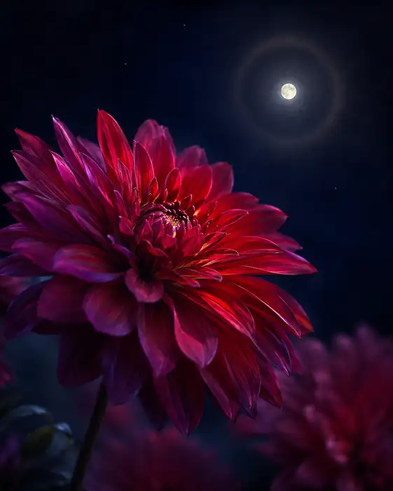 月暈を仰ぐ深紅のダリア