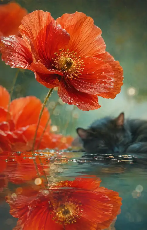 水鏡のポピーとまどろむ黒猫