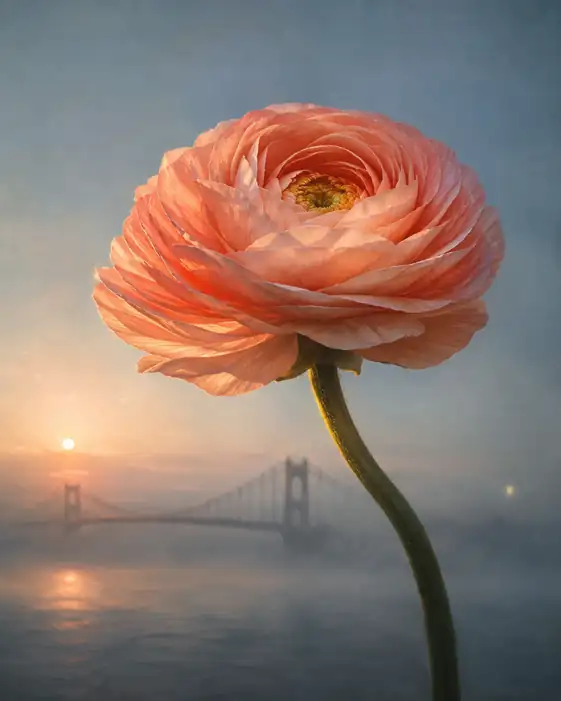 Giant Ranunculus above the Misty Suspension Bridge