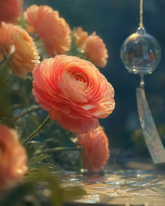 珊瑚色の花弁と硝子の風鈴
