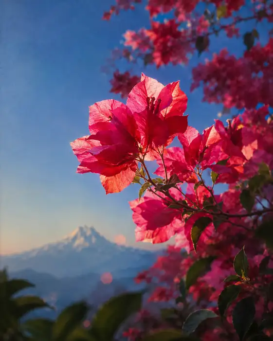 Crimson Bougainvillea Facing the Alpine Peak