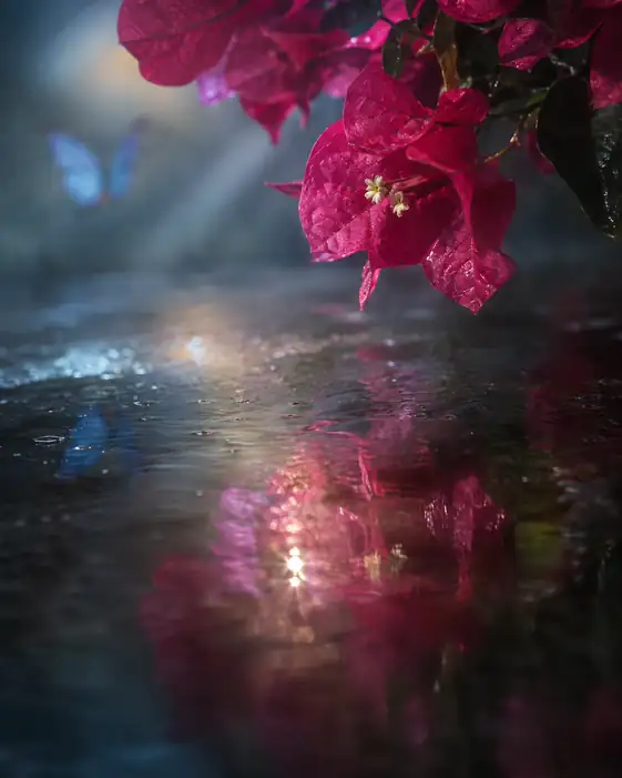 雨の水鏡と紅のブーゲンビリア