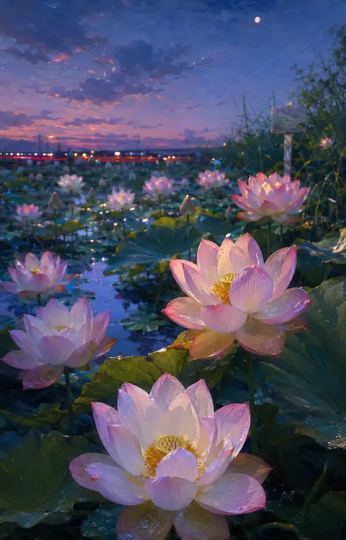 Petals between the Moon and the City Glow