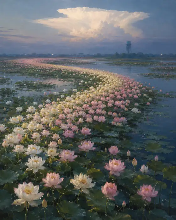 River of Lotus Blooms under the Anvil Cloud