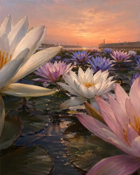Water Lilies under the Harbor Sunset
