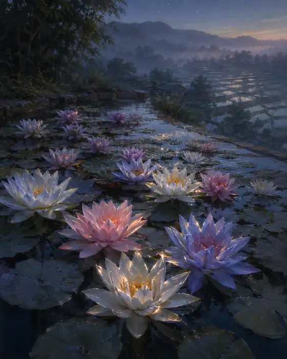 Terraces of Morning Mist and Floating Petals