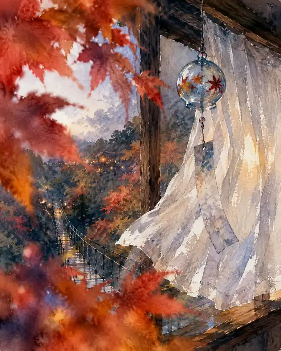 Autumn Chime by the Window of Crimson Leaves