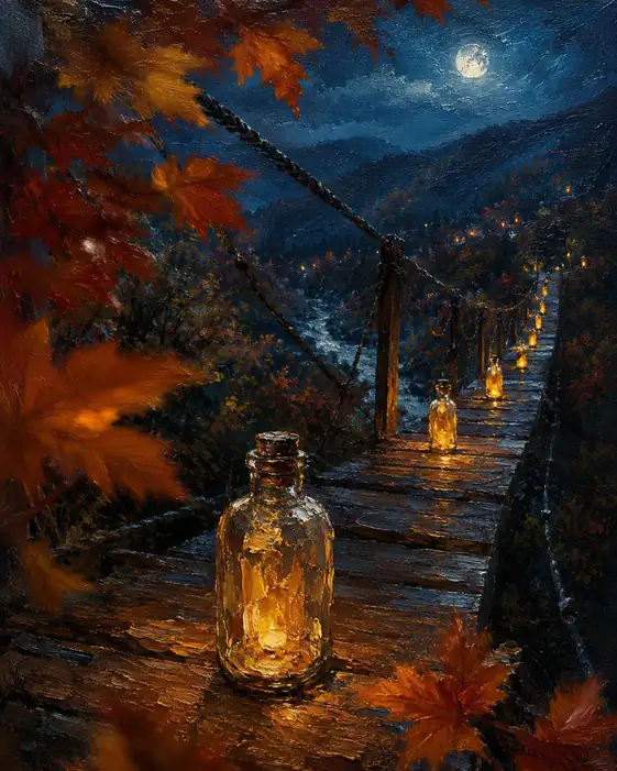 Amber Lanterns on the Moonlit Bridge