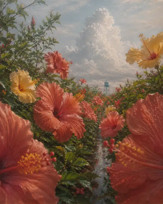 Hibiscus Field under the Cumulus Tower