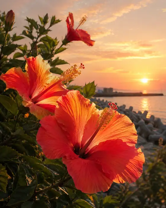 Sunset Radiance on Coastal Hibiscus