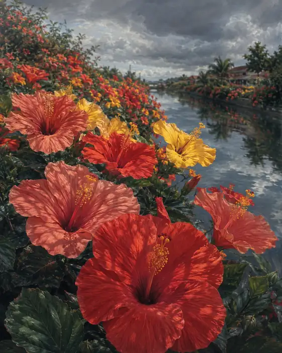 Hibiscus along the Storm-Laden Canal