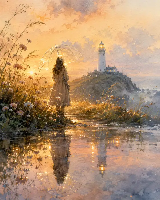 Golden Reflection toward the Lighthouse