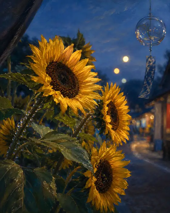 Sunflowers and Wind Chime in the Twilight