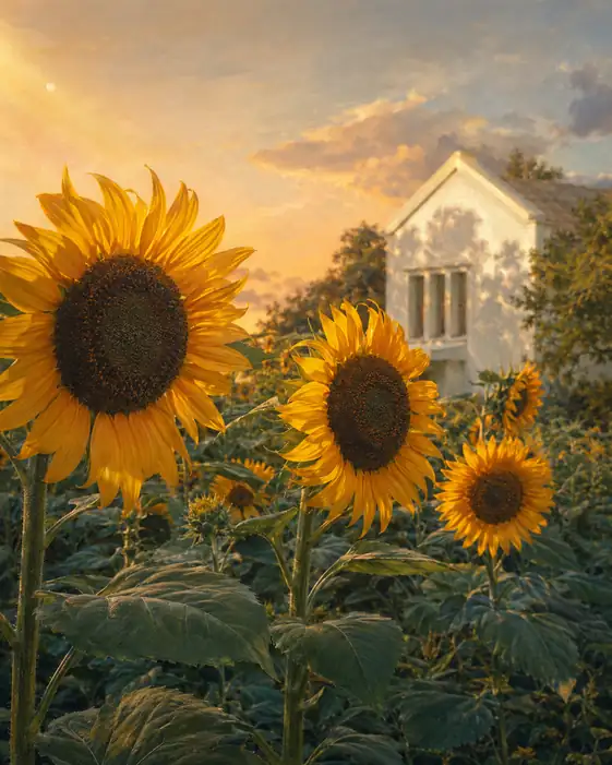 Sunflowers and the White Cottage at Sunset