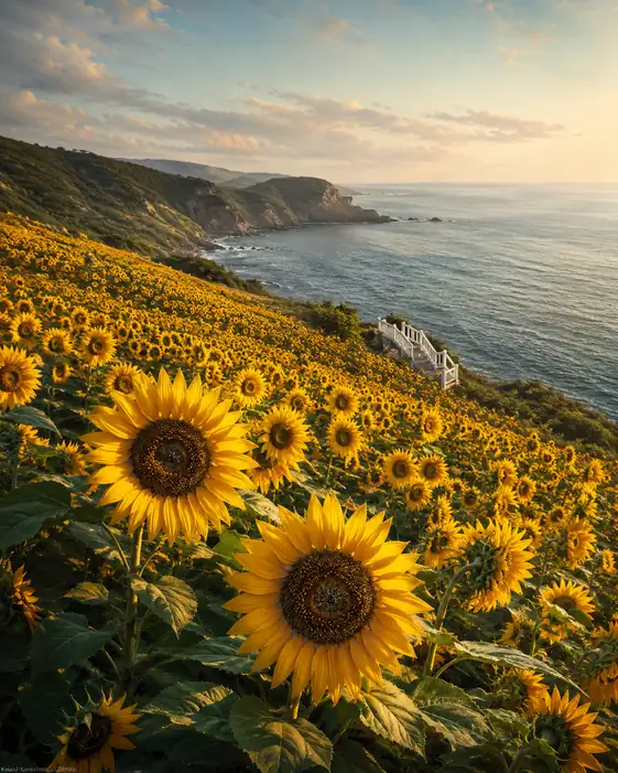 Sunflowers Cascading to the Coastal Horizon