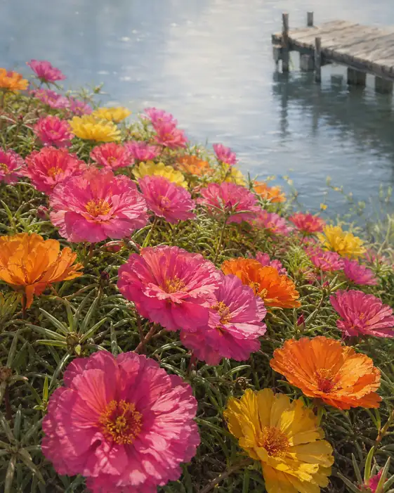Portulaca Blooms by the Quiet Pier