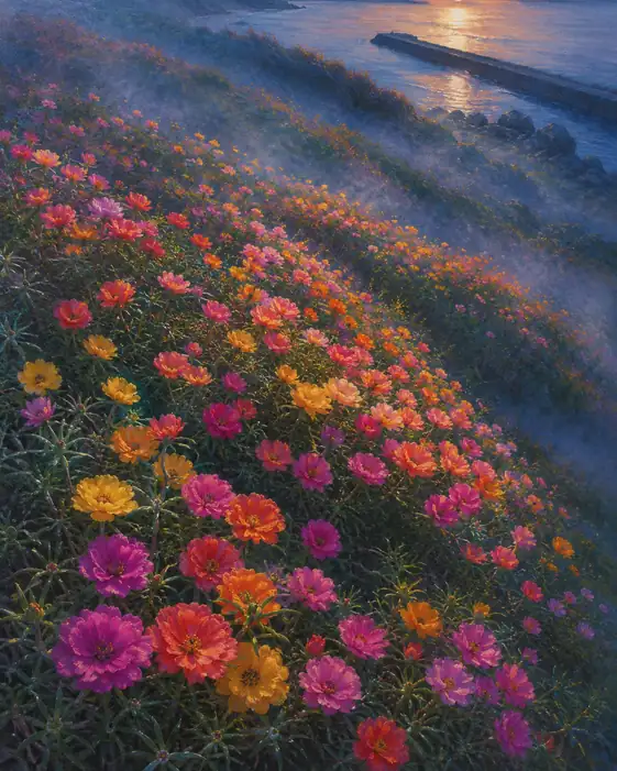 Coastal Slopes of Rose Moss and Evening Mist