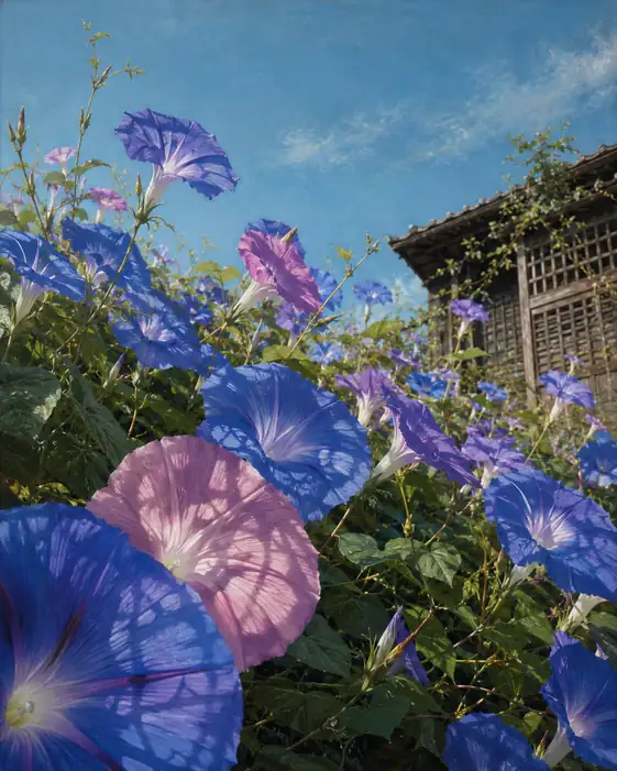 Morning Glories by the Lattice Window