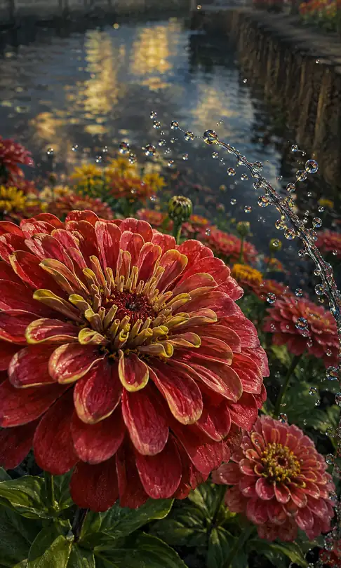 Scarlet Zinnia and the Arc of Droplets