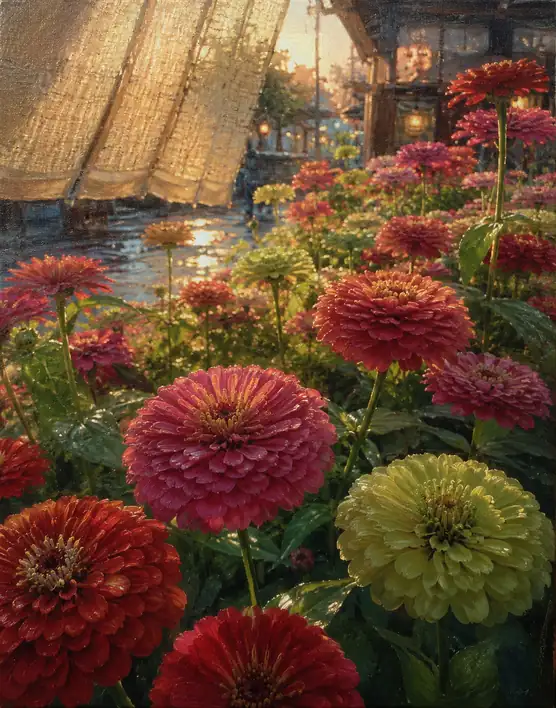 Zinnias beneath the Bamboo Blind at Sunset