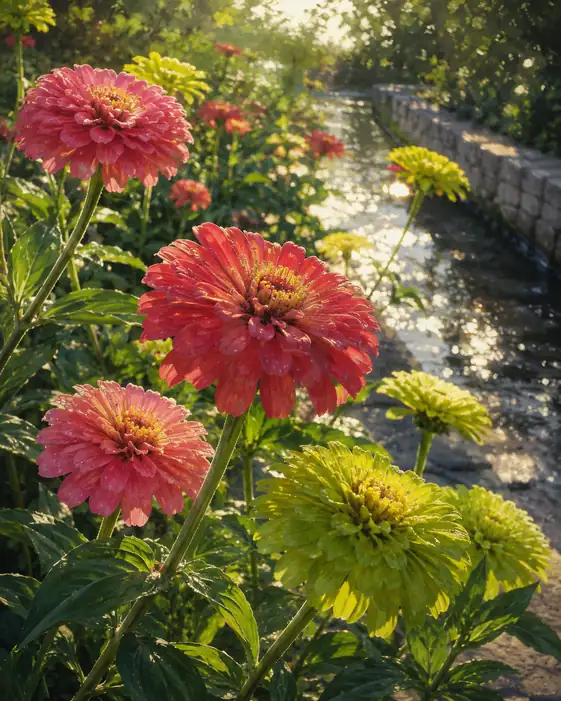 Zinnias by the Sunlit Stone Canal